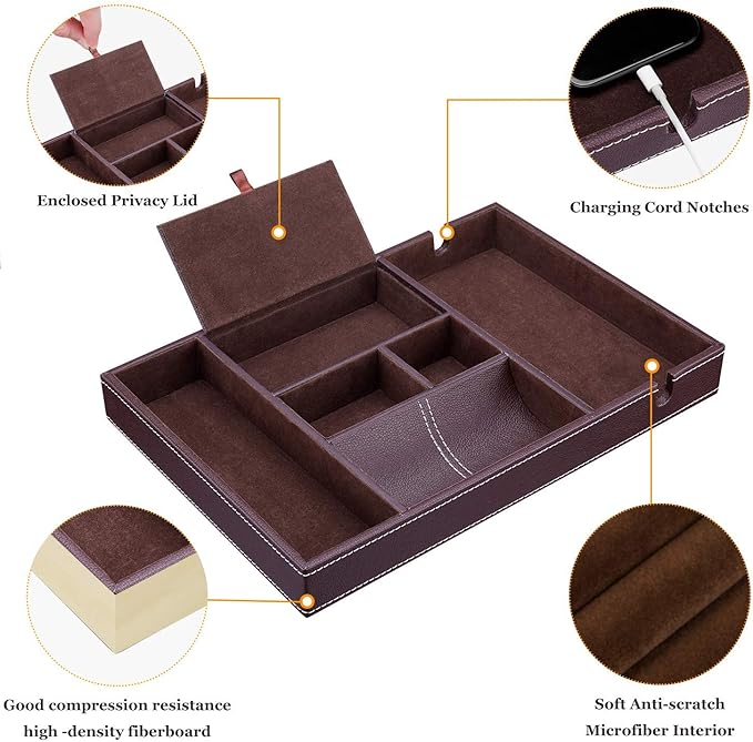 Baoyun Mens Nightstand Organizer, Leather Valet Tray for Men, EDC Catchall Tray with Phone Charging Station, Dresser Top Organizer, 6 Compartments Entryway Valet Box for Wallet, Keys, Phone