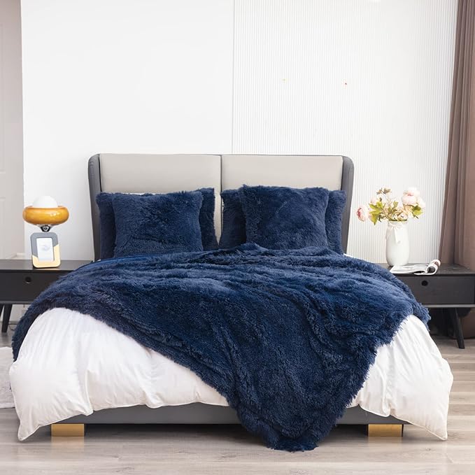 YUSOKI Faux Fur King Blanket(Navy Blue,90" x 104"),Whithout Pillows,Winter Lightweight Plush Fuzzy Soft Cozy Microfiber Comfy Bed Blanket for Women Kids Girls Couch Sofa Washable