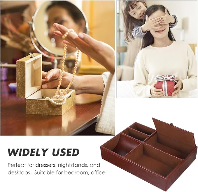 Beaupretty Brown Faux Leather Jewelry Storage Box with Multiple Compartments, Nightstand Organizer for Rings, Watches, Wallets, and Phones, Retro Style Jewelry Holder for Bedroom and Dresser