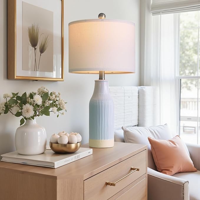 23.75inch Light Blue Modern Ceramic Bedside Lamp Set of 2 with 5FT Cord for Bedroom Decor Farmhouse Table Lamp for Living Room Office Dorm