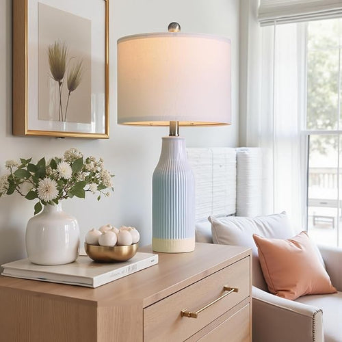 23.75inch Light Blue Modern Ceramic Bedside Lamp Set of 2 with 5FT Cord for Bedroom Decor Farmhouse Table Lamp for Living Room Office Dorm