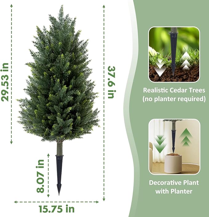 Pair Artificial Cedar Topiary Trees, 3ft UV-Resistant Faux Cypress shrubs w/Ground Spikes (Including Lights),Tall Evergreen Decorative Plants for Outdoor & Indoor Porch, Patio, and Garden