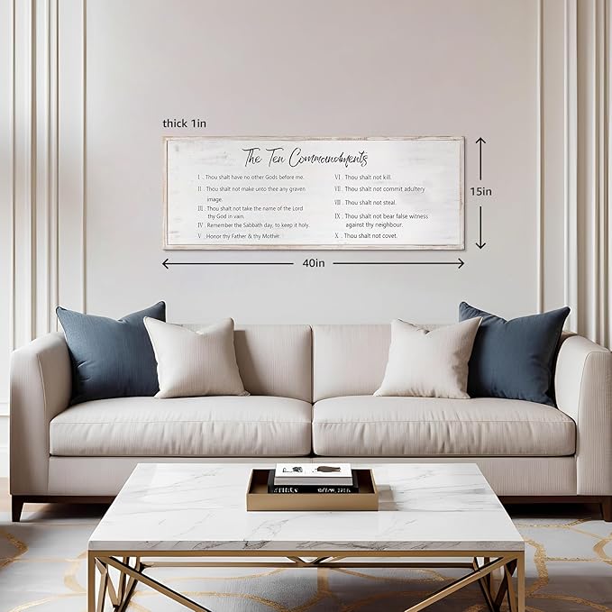 The Ten Commandments Rustic Bible Verse Framed Wall Sign For Family Living Room Kitchen Farmhouse Dining Room Vintage Boho Wall Art Decoration For God Jesus Christ Prayer, 40 x 15 Inch, White