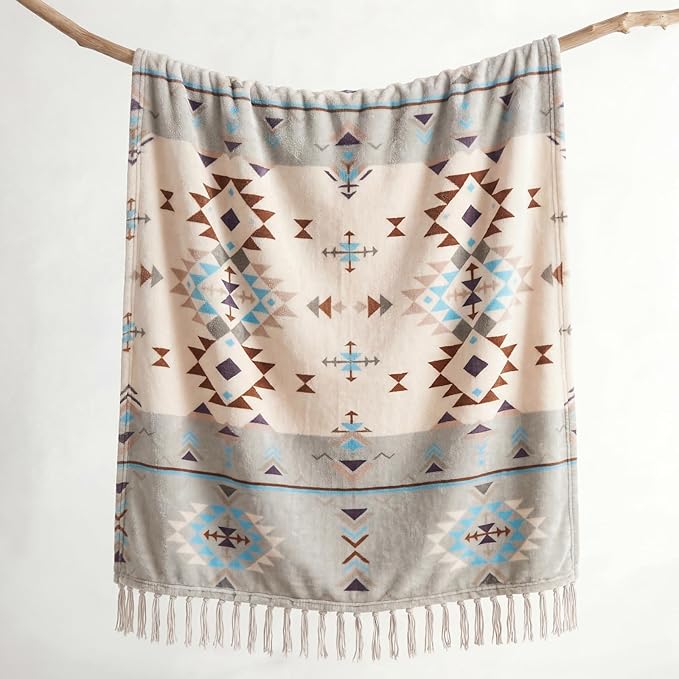 CASAAGUSTO Boho Throw Blanket - Green and Beige Decorative Blankets with Tassel, Printed Flannel Bohemian Blanket for Chair, Bed, Sofa, Couch(50 * 60, Green and Beige)