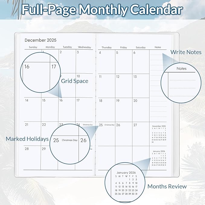 Pocket Calendar 2026-2027, Small Monthly Planner 2025-2027 - 3.7" x 6.7" - Runs from January 2026 Until December 2027, Pocket Calendar 2026 with Beach Cover for Planning