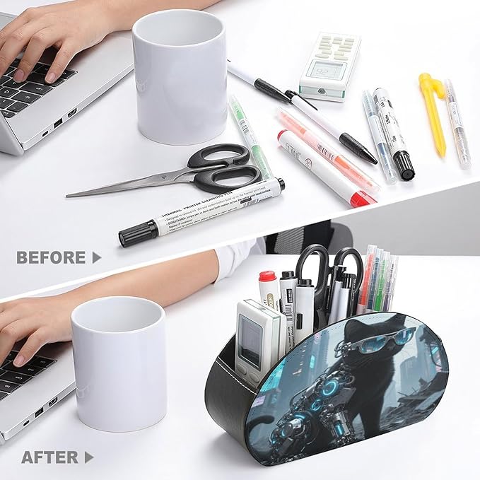 Black Cat Glasses Remote Control Holder Organizer Box with 5 Compartment PU Leather Bedside Storage Caddy Remote Organizer for Controller Media Player Pen/Pencil Storage