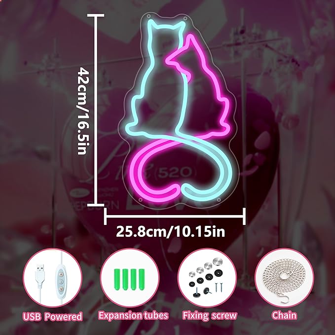 Two Cat Neon Signs for Wall Decor, Love Cat Neon Lights Signs for Room Decor, Cute Led Light Up Sign with USB Powered for Girls, Bedroom, Home Decoration