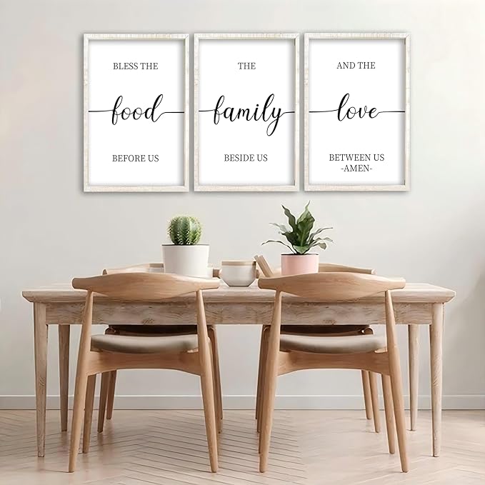 flowtorely Bless the Food Before Us Sign Wall Decor 16"×11" Set of 3 for Dining Room Kitchen Rustic Wood Framed Wall Hanging Art (White)