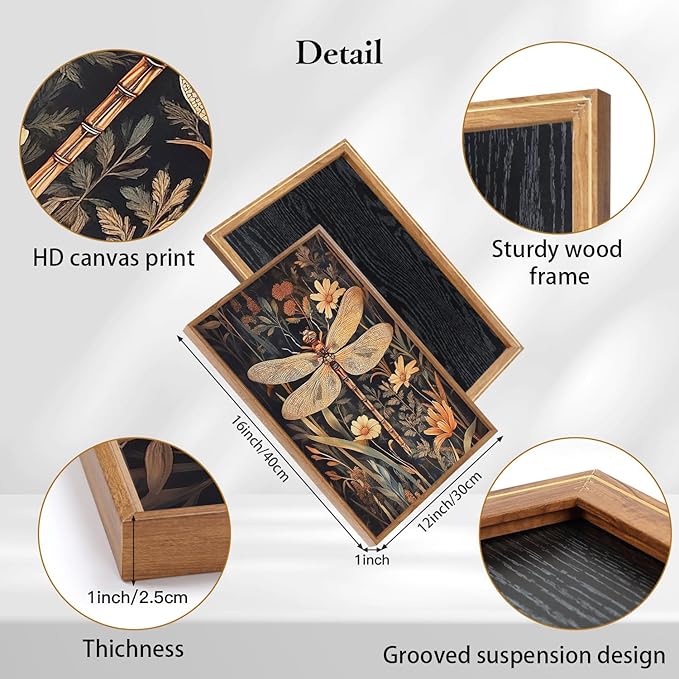 CHDITB Vintage 3D Dragonfly Framed Canvas Wall Art Set, Botanical Wildlife Decor, Butterfly Deer Flowers Art Prints, Dark Nature Forest Wildlife Artwork for Living Room Bedroom Office-12 x16 x3