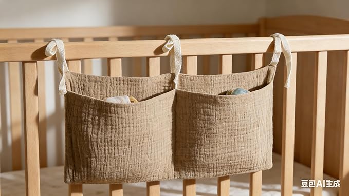 Bedside pouch for storing baby bottles and blankets - Bedside storage bag for organizing baby diapers - Brown