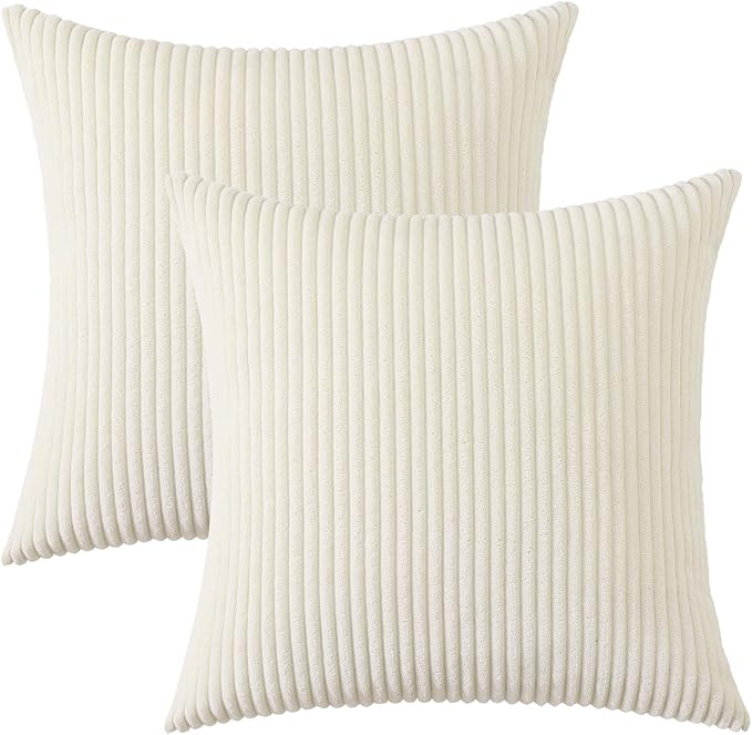 Mecatny Corduroy Spring Decorative Throw Pillow Covers 18x18 Set of 2 for Sofa Living Room, Soft Neutral Boho Couch Pillow Covers for Home Decor, Cream White
