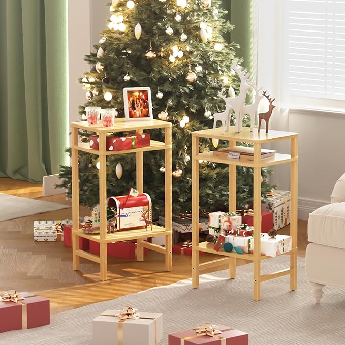 Side Table End Table Tall Night Stand 3-Tier for Living Room Bedroom Bathroom Office Furniture Natural