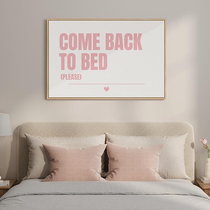 Framed Canvas Wall Art for Bedroom Decor, Pink and White Modern Minimalist Artwork for Walls, Large Come Back to Bed Typography Pictures, Art Print for Bedroom Couples Room Decor Above Bed, 36x24 Inch