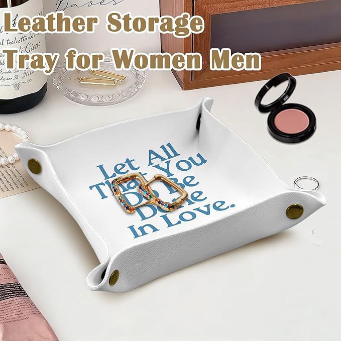 Christian Gifts Leather Jewelry Valet Tray,Faith Based Gifts,Bible Verse PU Leather Catchall Beside Caddy Nightstand Organizer Tray for Jewelry Rings Watches Keys and Accessories, 7.8x7.8inch