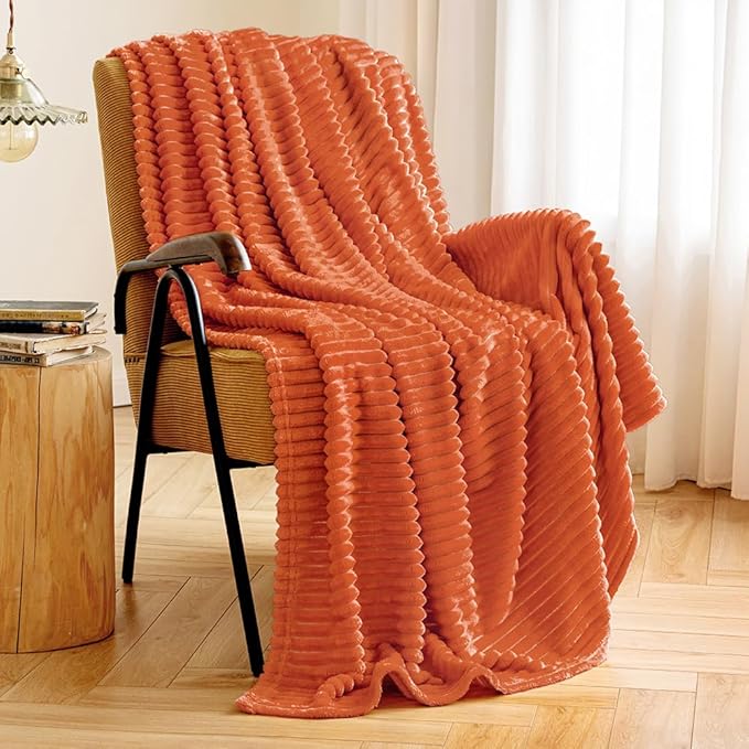 MIULEE Burnt Orange Throw Blanket 3D Ribbed Jacquard Fleece Flannel Velvet Plush Decorative Bed Blanket (Throw, 50" x 70") - Super Soft, Lightweight, Warm and Cozy for Couch Sofa