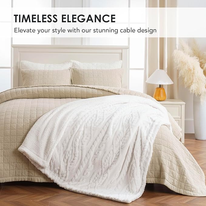 EverGrace Classic Cable Jacquard Sherpa Fleece Throw Blanket for Couch, Soft Cozy Fuzzy Plush Blankets for All Seasons, Reversible Thick Warm Blanket for Bed, Sofa, Bleach White, 60" x 80"