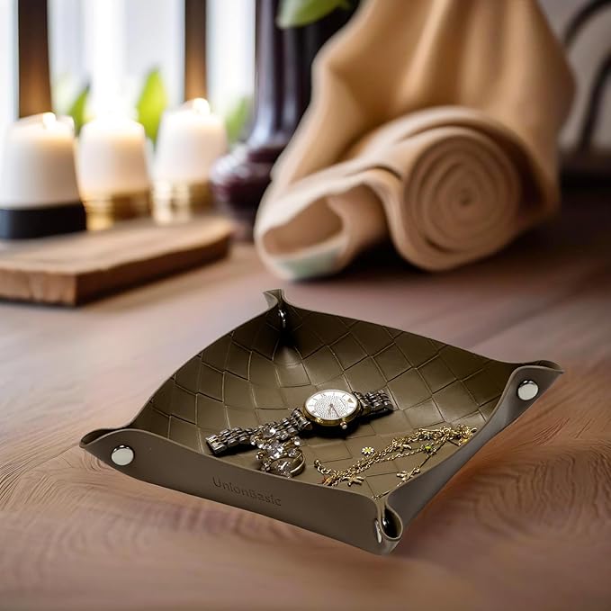 UnionBasic Small Valet Tray, Jewelry Tray for Rings Watches Earrings, Entryway Catchall Caddy for Coins Keys Change, Nightstand Bedside Valet Holder, Trays for Electronic Gadgets, Woven Tobacco Brown
