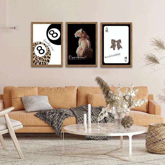 Trendy Cheetah Wall Art Set of 3 Black and White Leopard Bow Wall Decor Painting Lucky 8 Ball Poster Canavs Print Aesthetic for Bedroom Living Room 12x16 inch Wood Framed