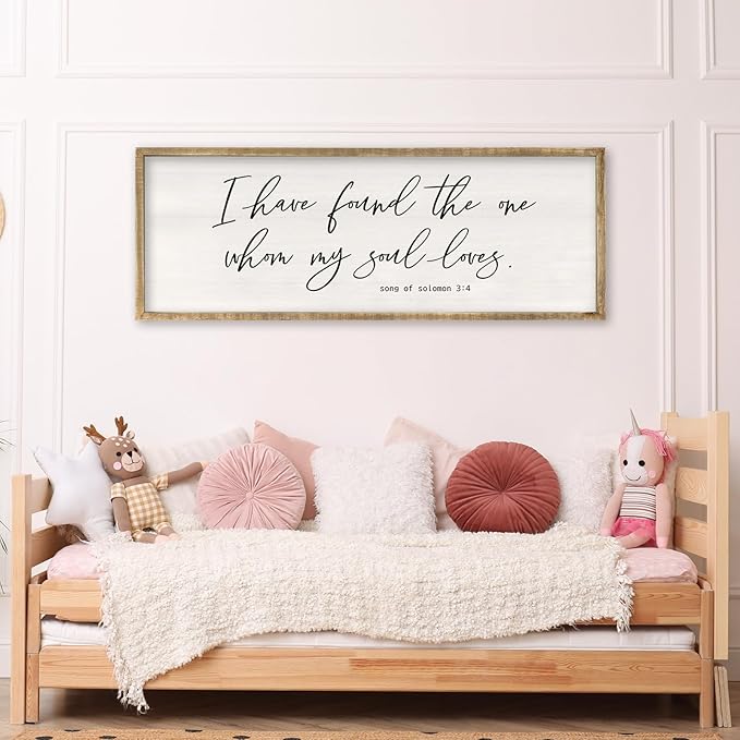I Have Found The One Whom My Soul Loves Wall Art 40x15 Inch Large Song of Solomon 3:4 Sign Master Bedroom Above Bed Wood Frame Wall Hanging Decor (Wood)