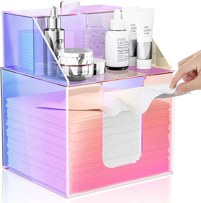 Disposable Facial Towels Storage Box Compatible with Clean Skin Club Clean Towel XL - Cotton Pads - Swabs Upgraded Double Layer Acrylic Storage Container Face Towel Holder (Glossy Rainbow)
