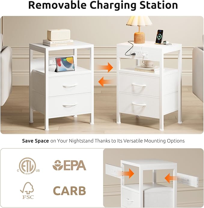 NightStand Bedside Charging Table Bedroom - Night Stand with Charger Station, White Modern Bed Side End Table with Open Shelf & 2 Fabric Drawers, USB-C Port & AC Outlets for Dorm, Living Room