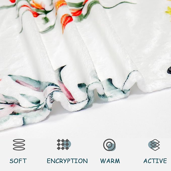 Floral Flower Throw Blanket Botanical Plant Throw Blankets Colorful Flannel Fleece Throw Blankets Watercolor Butterfly Cozy Fuzzy Plush Blanket for Bed Chair Couch 60" X 80"