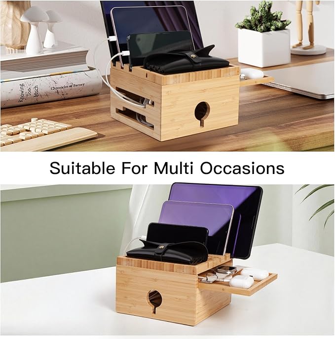 Bamboo Charging Station for Multiple Devices, Nightstand Docking Station with Small Tray -Included 5 Cables, Desktop Wood Charger Organizer, Compatible with Cell Phone, Tablet, Earphones