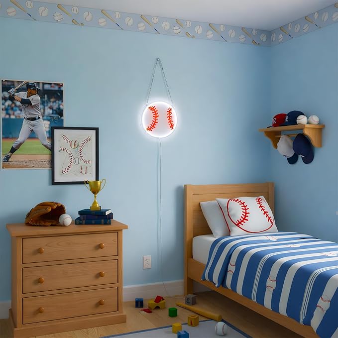 Baseball Neon Sign for Wall Decor, Dimmable LED Light with Printed Design for Bedroom Sports Room Decor, Baseball Gifts for Boys 8-12, 9 x 9 Inches