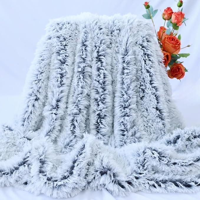 Plush Super Soft Blanket Bedding Sofa Cover Furry Fuzzy Fur Warm Throw Qulit Cozy Couch Blanket for Winter (51"x63",Dark Gray and White)