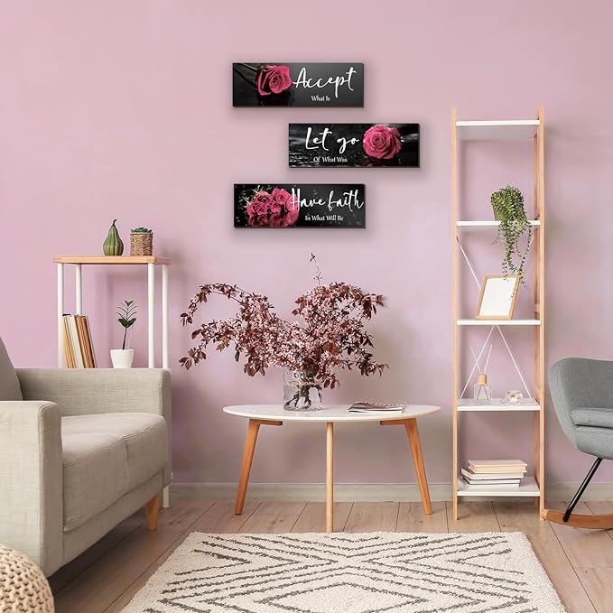 3 Pcs Pink Rose Bathroom Wall Decor Inspirational Wooden Wall Art Flower with Accept Let Go Have Faith Positive Quotes for Girl Women Bathroom Bedroom Living Room Office (Pink Rose 12 X 4 Inch)