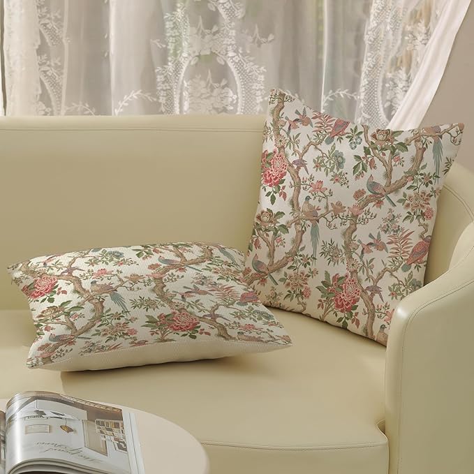 Chinoiserie Pillow Covers 24x24 Set of 2 Pink Green Bird Floral Throw Pillows Vintage Pink Flower Bird Decorative Pillow Cases Outdoor Chinoiserie Decor Farmhouse Cushion Case for Couch Sofa