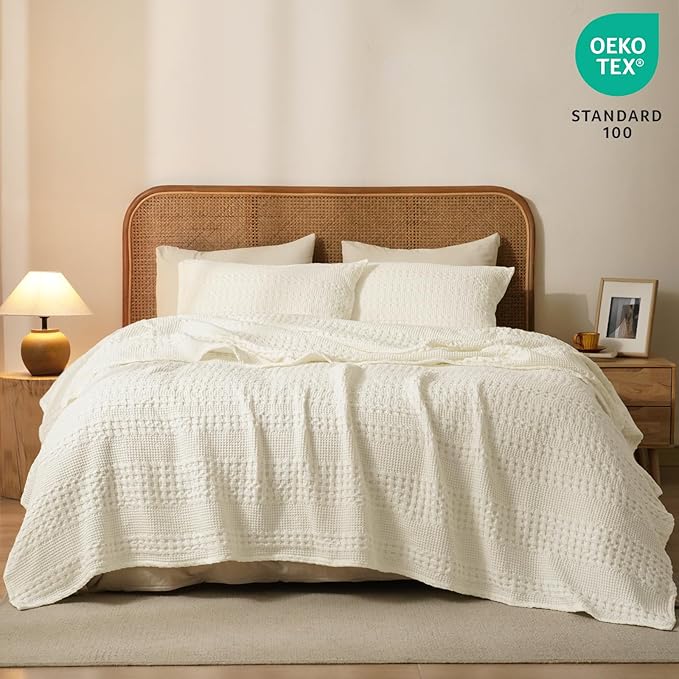 PHF 100% Cotton Waffle Weave Blanket Twin Size for Bed, Soft Lightweight & Breathable for Spring and Summer, All-Season Comfort, Luxury Aesthetic Blanket for Home Decor, 66"x90", Cannoli Cream