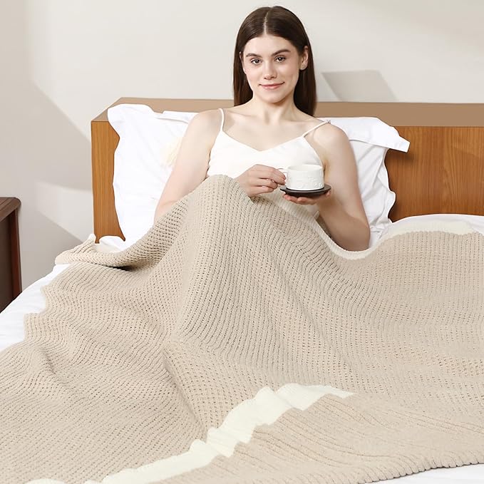 SeaRoomy Knit Throw Blanket,Super Soft Cozy Reversible Waffle Blanket,Warm Fluffy Fuzzy Plush Lightweight Double-Side Blanket for All Seasons for Couch,Sofa,Bed (Solid-Khaki,50"x70")