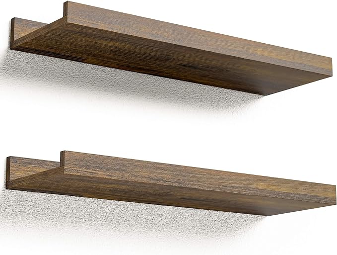 Floating Shelves for Wall, Wall Mounted Shelves Set of 2, Rustic Shelves with Lip, Display Picture Ledge Shelf for Wall Decor Living Room Bathroom Kitchen - Brown