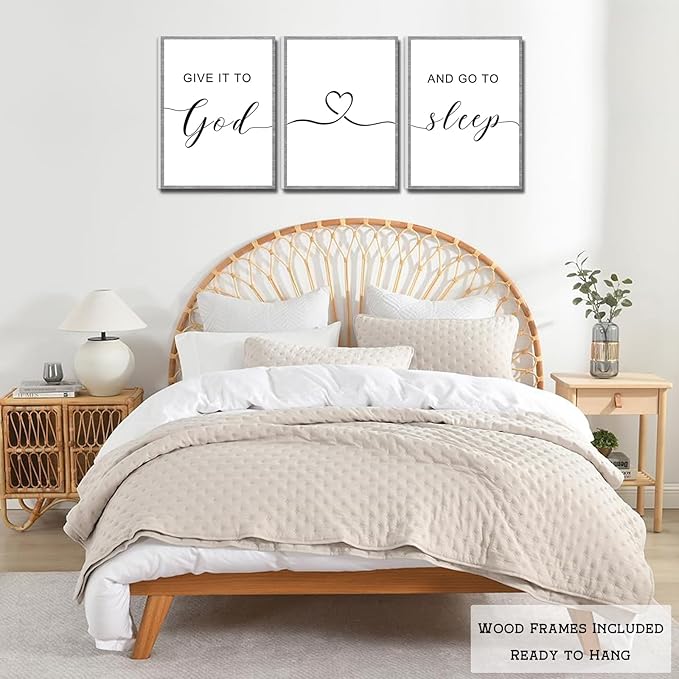 Framed Farmhouse Decor, Farmhouse Wall Art 36x16', Give it to God and Go to Sleep Signs (12x16 inches, Set of 3, Framed, Grey)