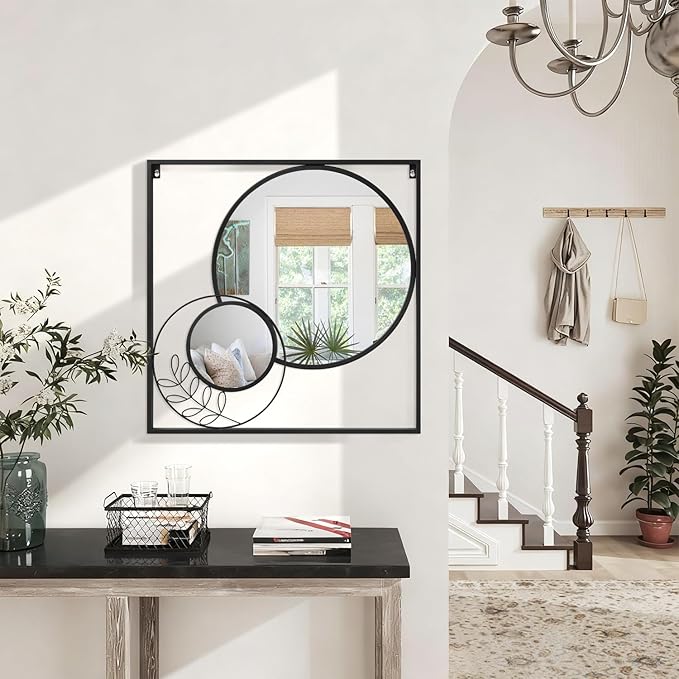 Black Square Mirror, Round Wall Mounted Mirror Set Circle Modern Decorative Mirrors for Living Room Bedroom Entryway 24x24 Inch Decor