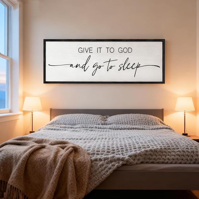 Give It to God and Go to Sleep Decorative Rustic Sign & Plaque Framed Wall Art for Couples, 40''×15'' Cottagecore Wooden Horizontal Wall Decor Above Bed, Vintage Farmhouse Wedding Gift for Bedroom