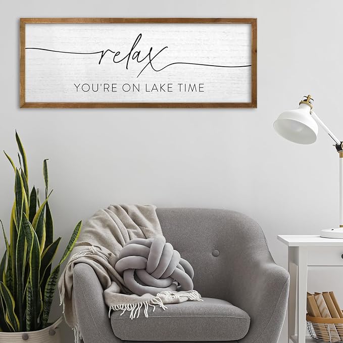 TQianJiang Relax You're On Lake Time Wall Decor 32"×12" Lakeside Quote Sign Lake House Decor for Living Room Bedroom Large Rustic Wooden Framed Wall Hanging Art (Wood)