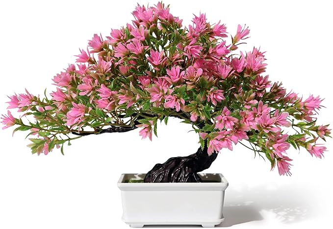 Artificial Bonsai Tree Fake Plants for Home Decor, Living Room Bathroom Bookshelf Entryway Table Wall Shelf Modern Farmhouse Decor, 9.5" Tall, Pink