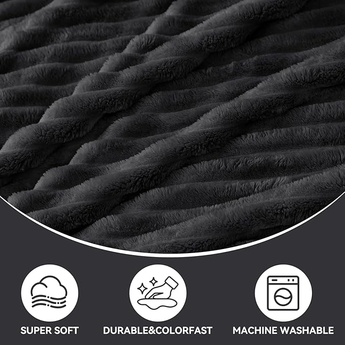 Nookly Black Fleece Blanke Queen Size, Soft Lightweight Ribbed Plush Bed Blanket, Cozy All-Season Striped Fleece for Bedroom and Home Décor, 90x90 Inches