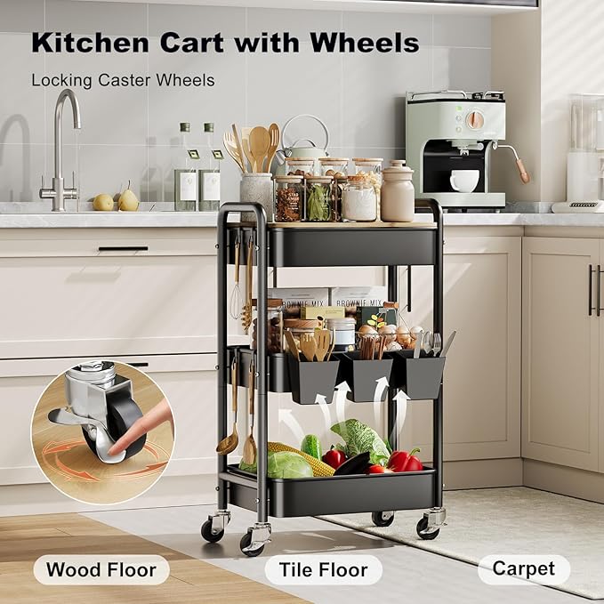 3 Tier Rolling Cart with Wood Table Top, Rolling Cart Table on Lockable Wheels,Rolling Side Table with Storage, Black Utility Carts for Arts and Crafts, Dorm, Medica, Laundry Room, Roller Book Shelf