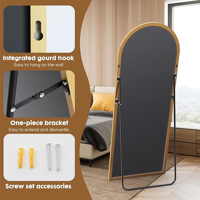 NEWBULIG Arched Full Length Mirror 24"x 65" for Bedroom, Full Body Mirror with Stand, Hanging or Leaning for Wall, Aluminum Alloy Thin Frame Floor Standing for Living Room, Long, Gold