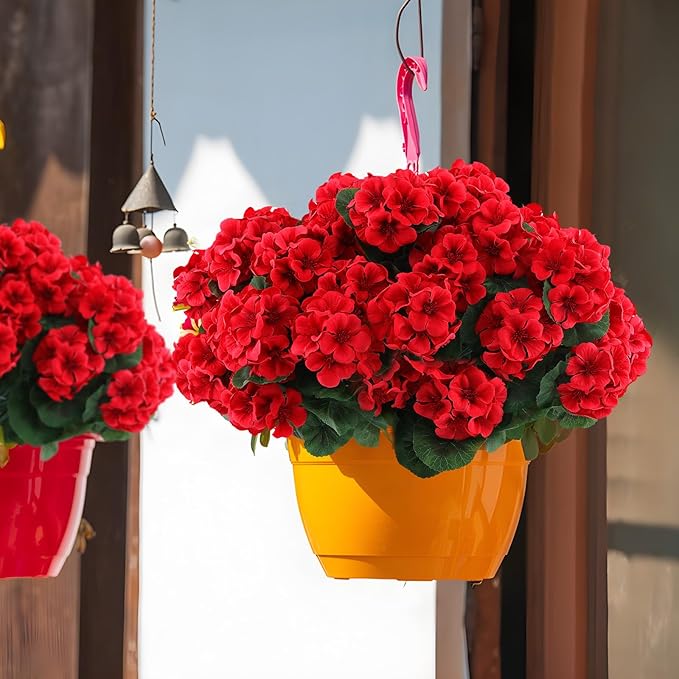 Hananona 12 Pcs Artificial Geranium Flowers for Outdoors Geranium Silk Red Flowers Outdoor UV Resistant Garden Plants Faux Flower for Christmas Home Kitchen Table Centerpieces Decor (12, Red)