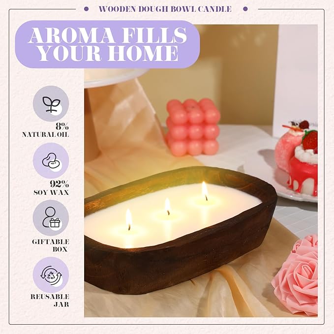 Threlaco 1 Pack 10 Inch Wood Dough Bowl Candles Home Rustic Dough Bowl Soy Candle 3 Wick Scented Candles Gifts for Men Women Farmhouse Table Centerpiece Home Decor for Christmas(Lavender)