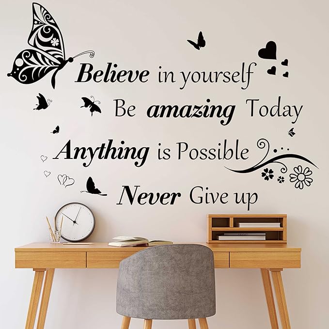 Inspirational Wall Stickers Quotes Letter Wall Art Stickers Motivational Removable Wall Decor Positive Word Butterfly decals Peel and Stick for Bedroom Living Room Hallways Family Office Classroom