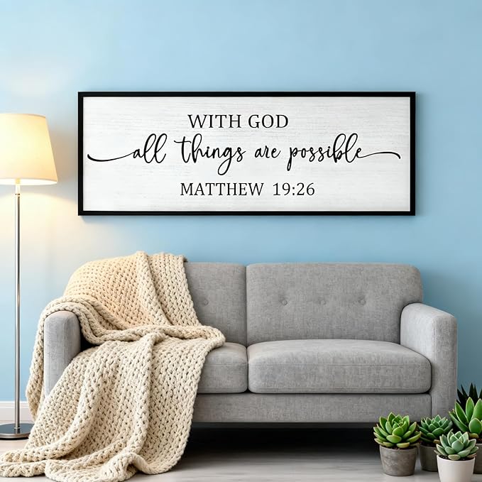 With God All Things are Possible Framed Wall Art, 40''×15'' Positive Holy Religious Rustic Bible Verse for Christian God Jesus Christ Prayer, Vintage Horizontal Inspirational Catholic Scripture Decor