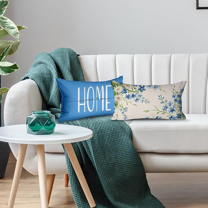 Spring Pillow Covers 12x20 Inch Set of 4 Home Sweet Home Daisy Floral Blue Throw Pillows Decorative Pillow Cases Summer Seasonal Farmhouse Decorations for Sofa Couch