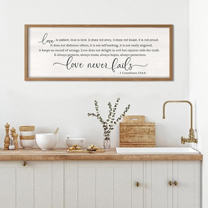 Foutcheou Love Is Patient Love is Kind Wall Art, 32"X12" Wood Framed Bedroom Above The Bed Wall Decor, Large Horizontal Dining Room Christian Bible Verse Hanging Sign for Home Family, Natural