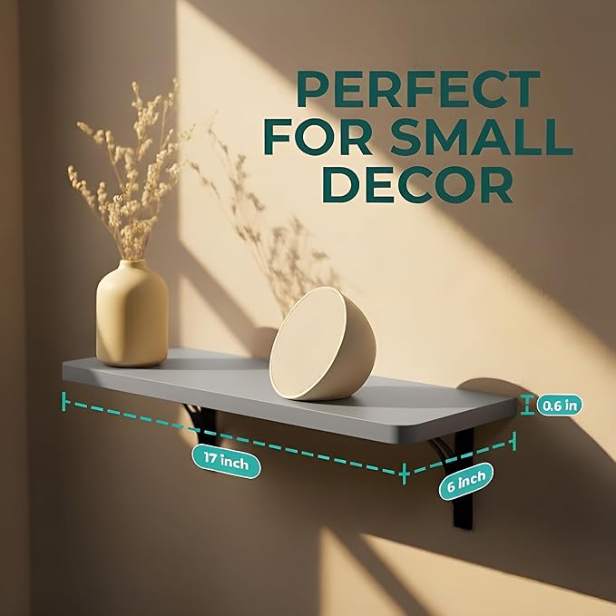 Reinforced Steel Bracket Grey Wall Shelves - Easy to Install, Template and Video Included - Grey Shelf for Wall, Gray Shelf for Bathroom