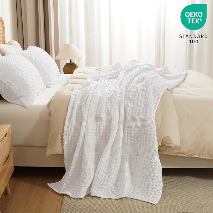 PHF 100% Cotton Waffle Weave Throw Blanket, Soft Lightweight Breathable Cozy Throws for Couch Bed Sofa, Luxury Aesthetic Blanket Gift for Home Decor & Office, 50"x60", White